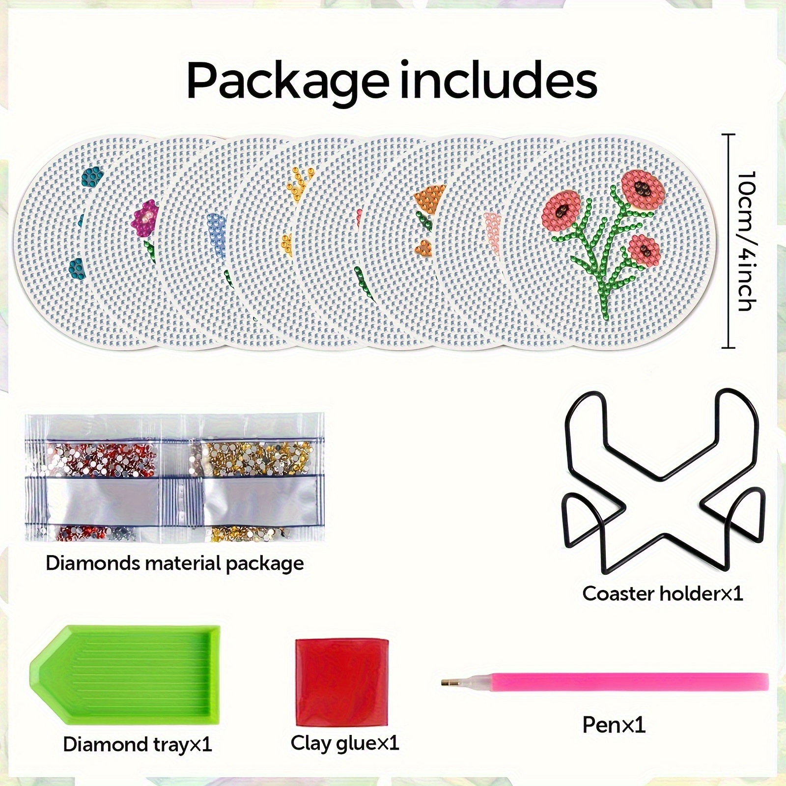 TEMU Diy Minimalist Flower Bud Coaster Set: 8 Coasters With Holder, Suitable For Beginners - Art Craft Supplies Diamond Painting