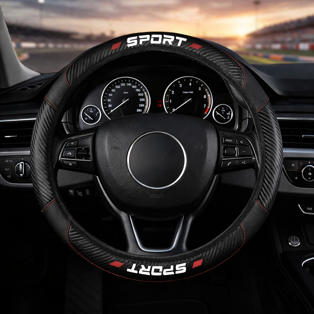 Image of 1pc Car Steering Wheel Cover Compatible For All Vehicles, Carbon Fiber & Pu Leather Splicing Wheel With Sport Lettering, Suitable For All- Use, For /office, Synthetic