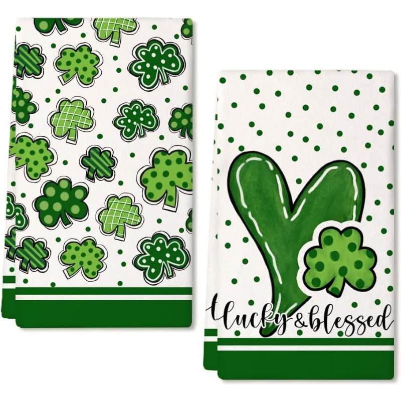 

2-pack 's Day Kitchen Towels, 18x26 Inch Soft Polyester Dish Cloths, Modern Clover & Shamrock Polka , Machine Washable Rectangular Sports-themed Towels For Home & Holiday Decor