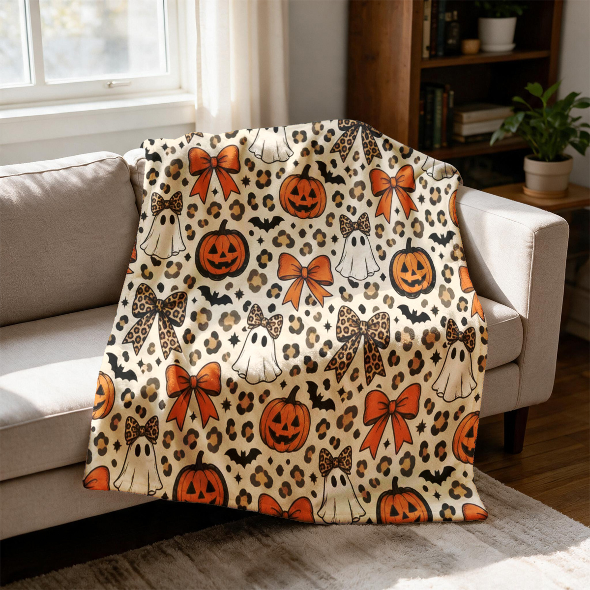 TEMU 1pc, Leopard Print Bow Theme Flannel Blanket, Soft, Lightweight And Warm, Single-sided Print, Suitable For , Perfect For Sofas, Offices, Camping