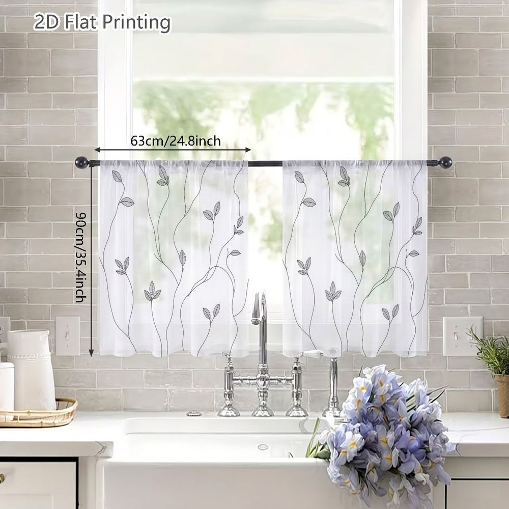 TEMU 2d Flat - 2d Flat - 2d Flat, 2pcs Spring Summer Small Sheer Curtains, Black And White Vine Pattern Sheer Curtain, Elegant Flowing Stems With