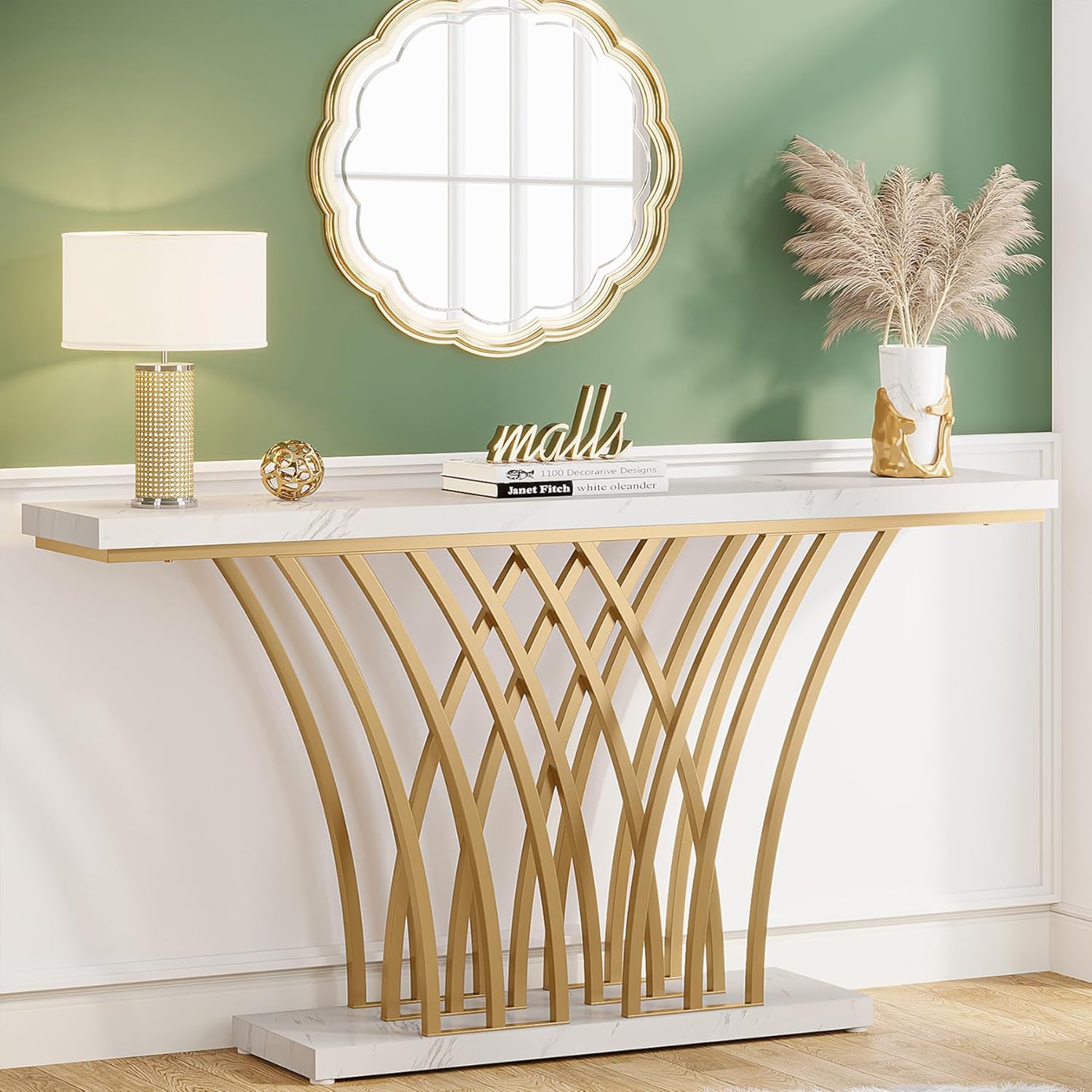 E-shop Goldener Konsoltisch, 150 x 29,5 x 80 cm, moderner Eingangstisch mit Gitter-Metallfuß für Eingang, Flur, Wohnzimmer, Weiß und Gold