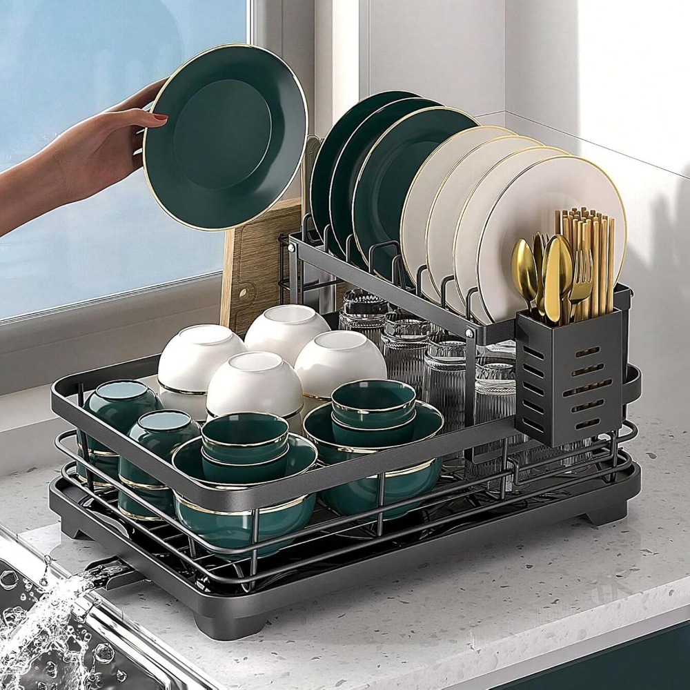 Image of Black Double-layer Kitchen Dish Drying Rack, Equipped With 360° Rotatable Drain Spout And Detachable Storage Shelves, Countertop Organizer For Plates, Bowls, Cups And Cutting Boards