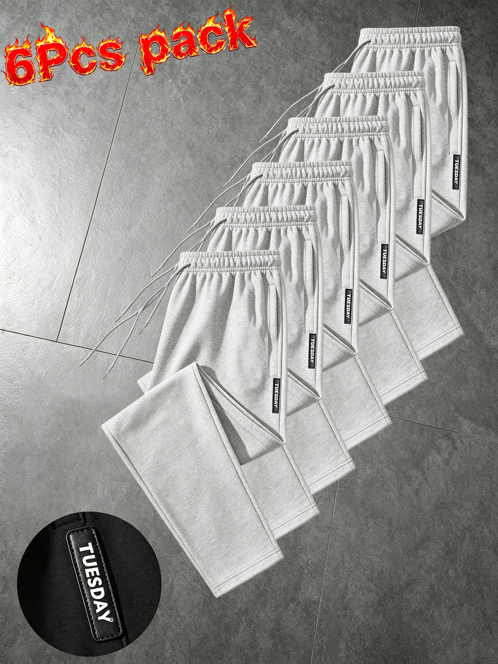 품목 사진 6개입 남성 가을/겨울 캐주얼 바지, 루즈핏 슬리브 sweatpants, 남성 가을/겨울 안감 속옷 sweatpants, 단색 레귤러 핏 탄성 sweatpants, 약간의 탄성과 드로스트링 허리 밴드가 있는 남성 캐주얼 루즈핏 sweatpants