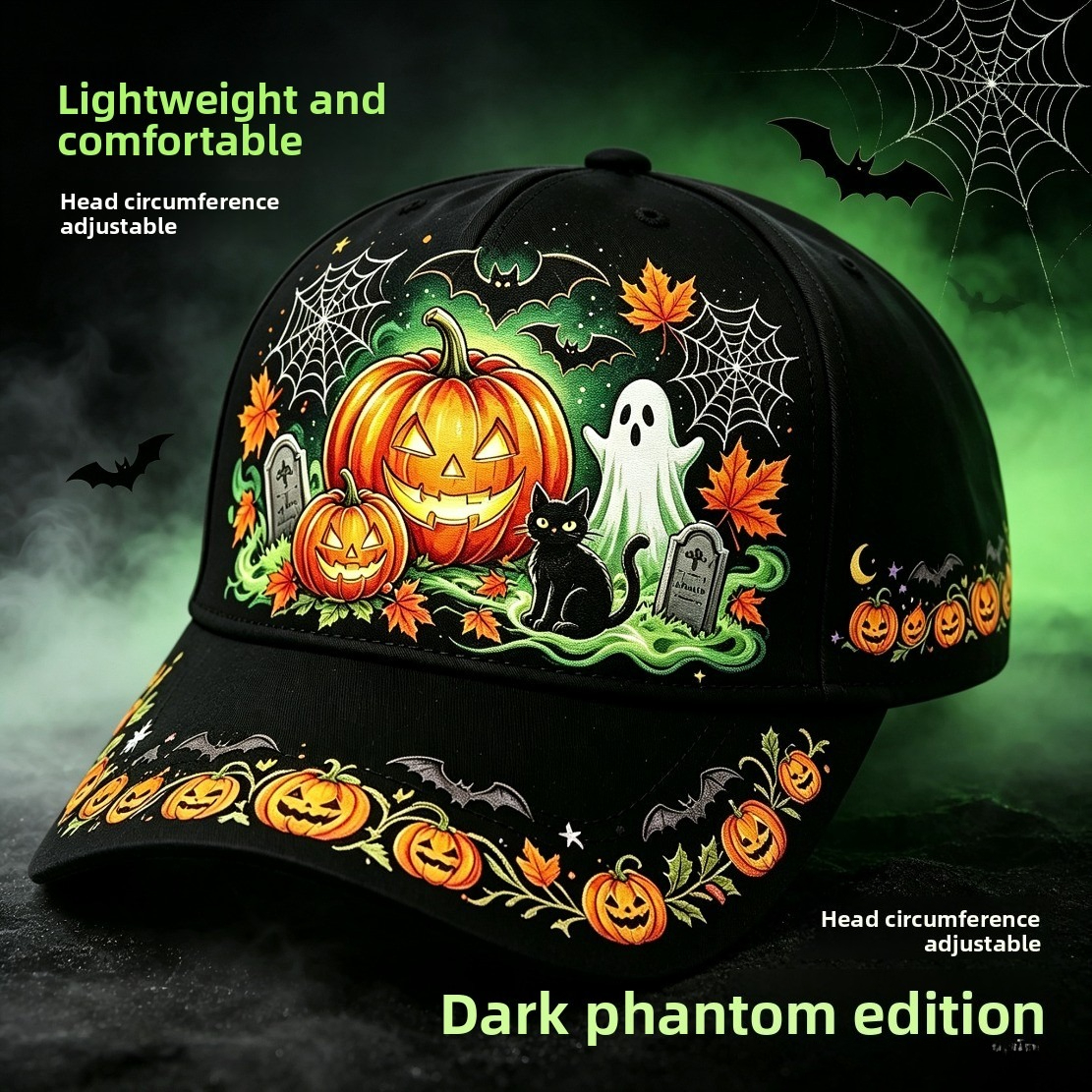 TEMU Dark Halloween Baseball , Lightweight Comfortable Adjustable Head Size Hat With Pumpkin,, Bat & Tombstone Print, Unisex Casual Sun For Halloween
