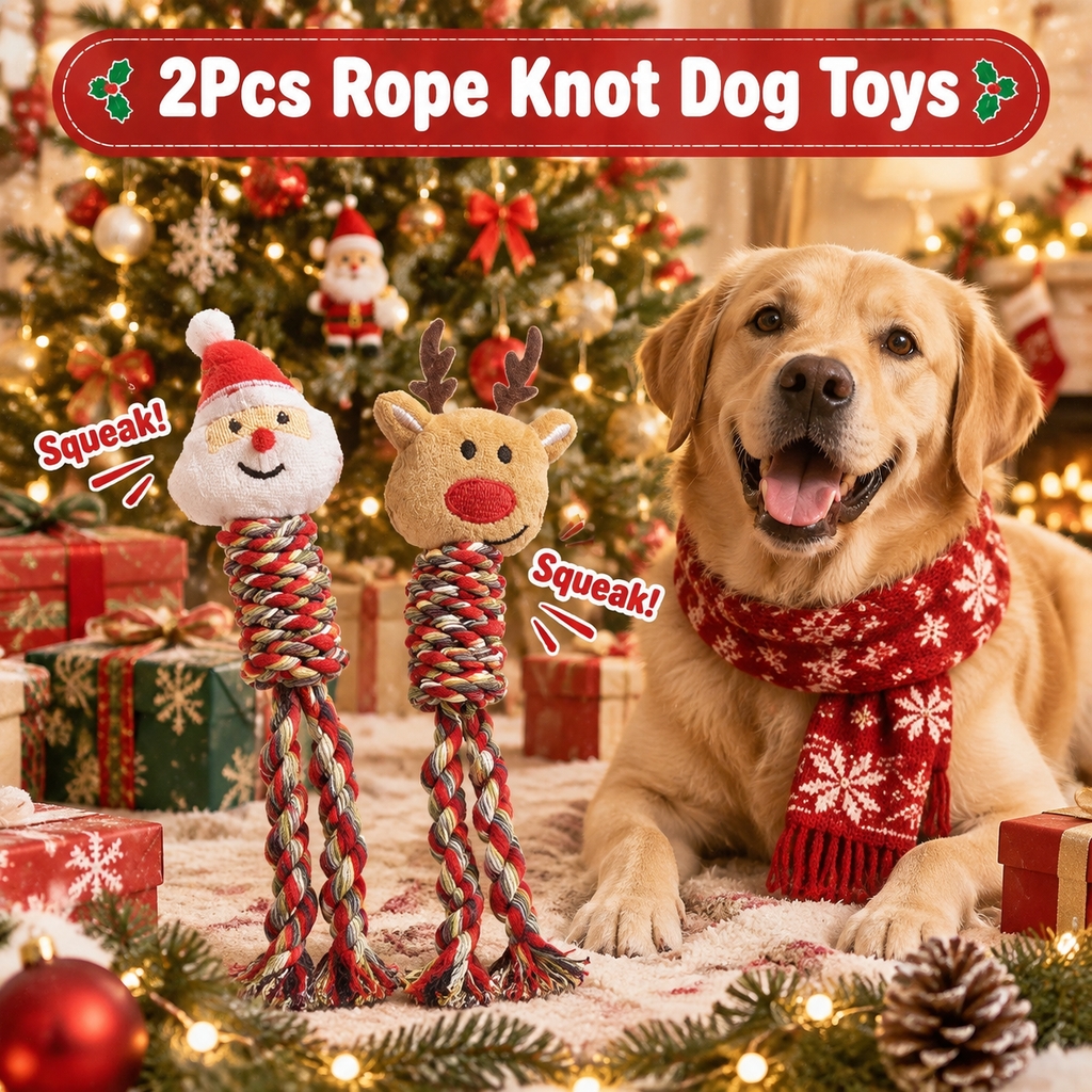 TEMU 2pcs Premium Christmas Squeaky Dog Rope Toys, Random Santa Or Reindeer Plush Interactive Tug Chew Toys, Heavy Duty Bite Resistant Teething Toys,