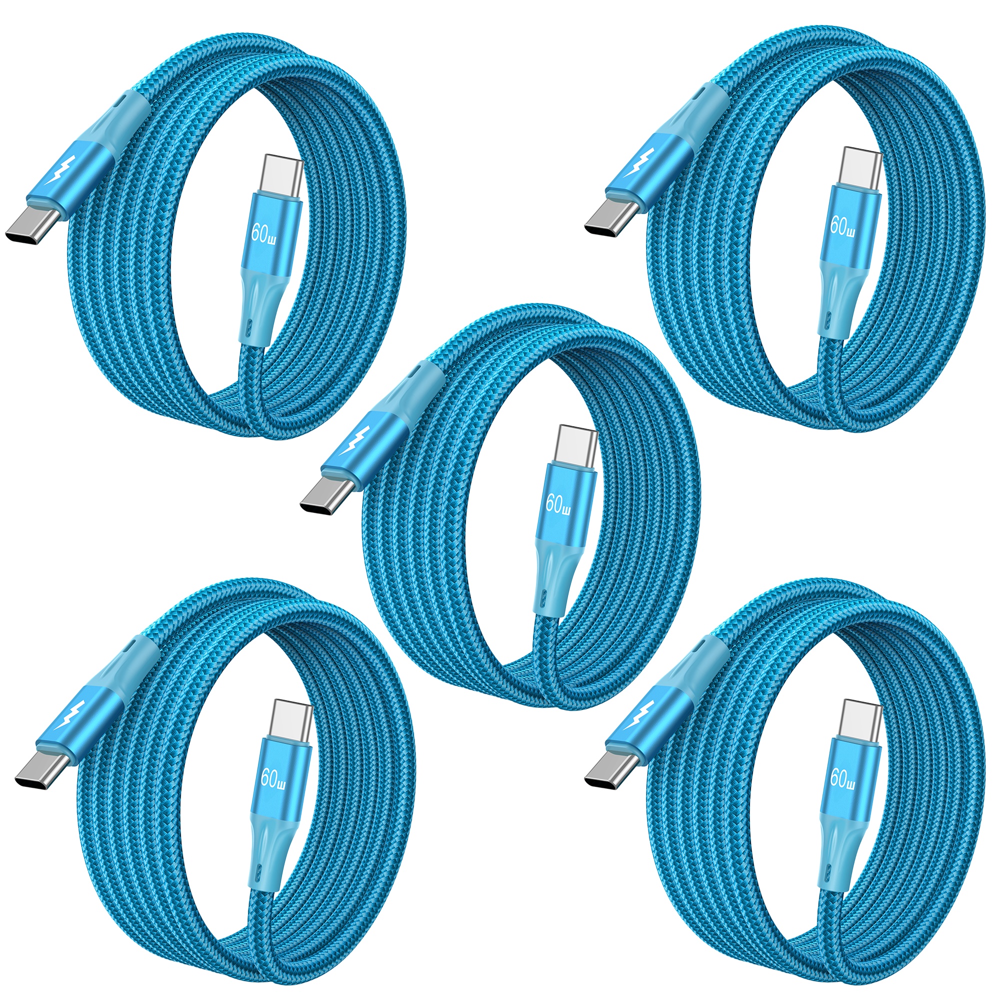 5pcs USB to USB-C Cable 60W Fast Charging, Durable Braided