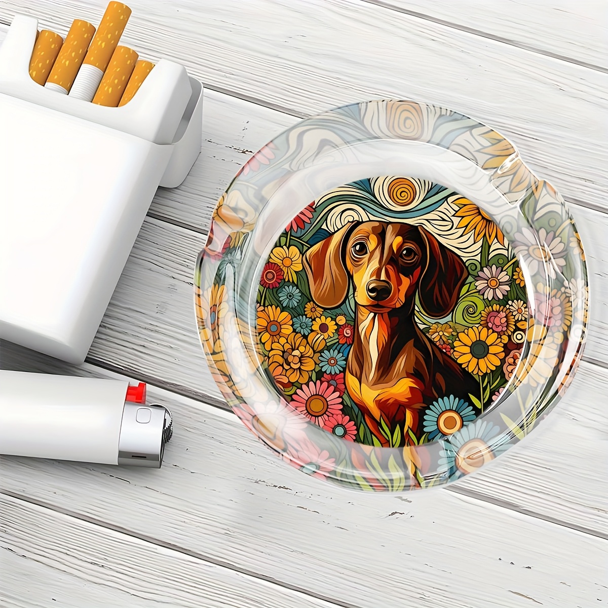 single piece themed round featuring a drawing of a long legged dog in a field designed specifically for smokers this decorative pipe and cigar case is transparent and made of non electrical glass