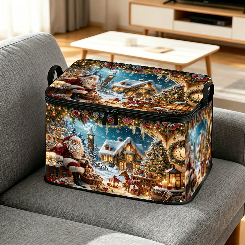 TEMU 1pc Large Capacity Storage Organizer Box, Box Face Features A Cozy Scene Of Santa Claus In A Snowy Town, Christmas Tree, Reindeer, And Gifts