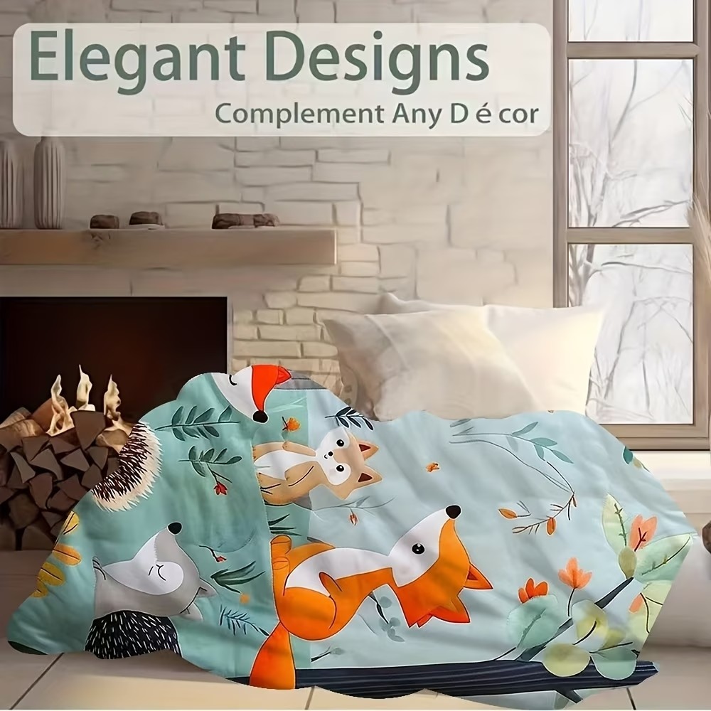 TEMU Couverture matelassée et douce, 1 pièce, style aquarelle d'animaux de avec renard et hérisson - Motif d'illustration apaisante, parfaite pour
