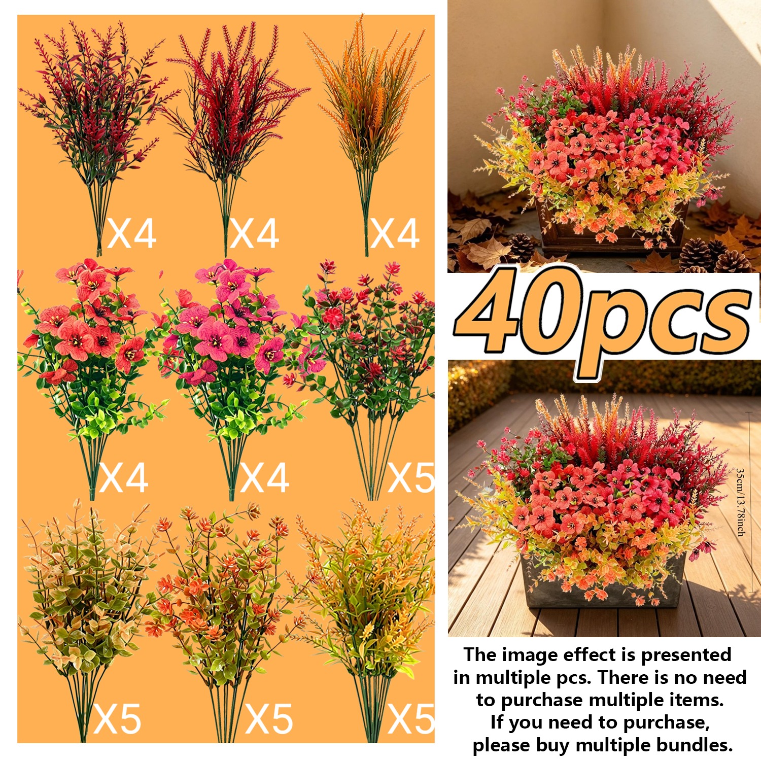 TEMU 40pcs Autumn Artificial Flower Set - A Multi- Autumn Artificial Flower Arrangement, Featuring Of Autumn-colored Floral Materials With , Warm