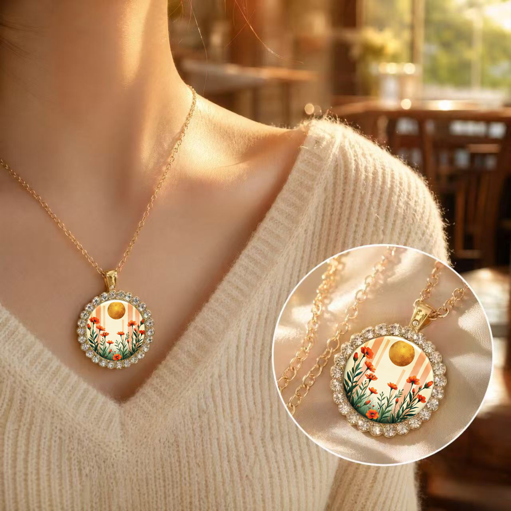 Floral Sun Pattern Round Glass Pendant Necklace