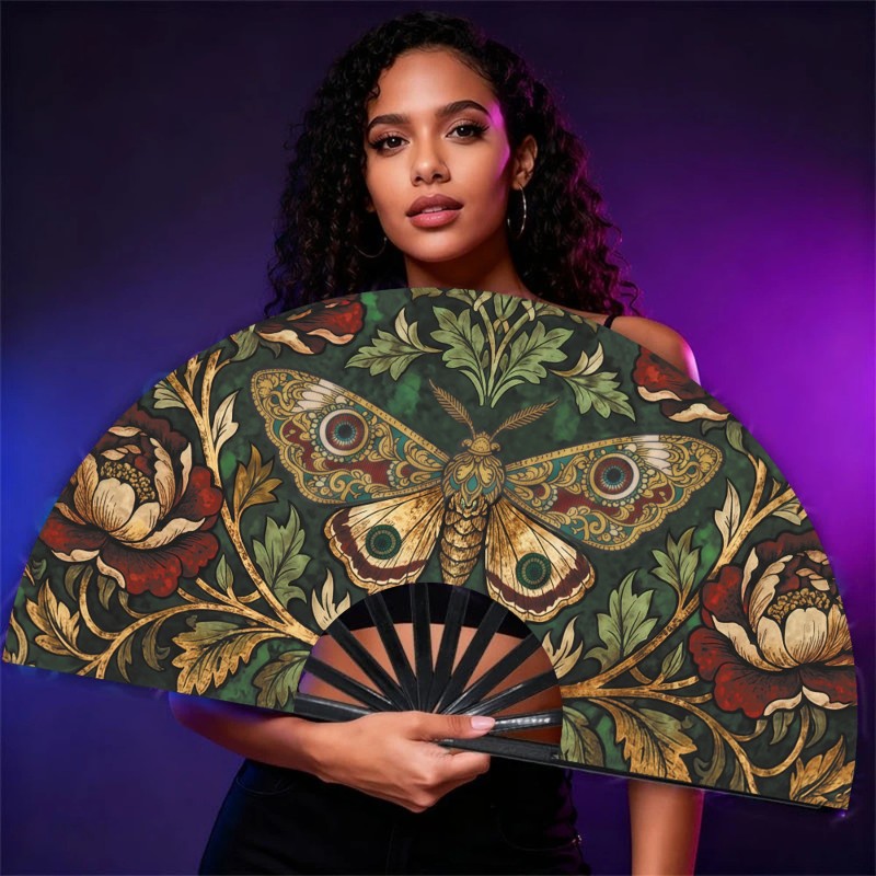 TEMU Women's Handheld Fan - Elegant Moth & Peony Print Suitable For Summer Cooling, Portable Cooling Device For Daily , Parties, Weddings, Picnics -