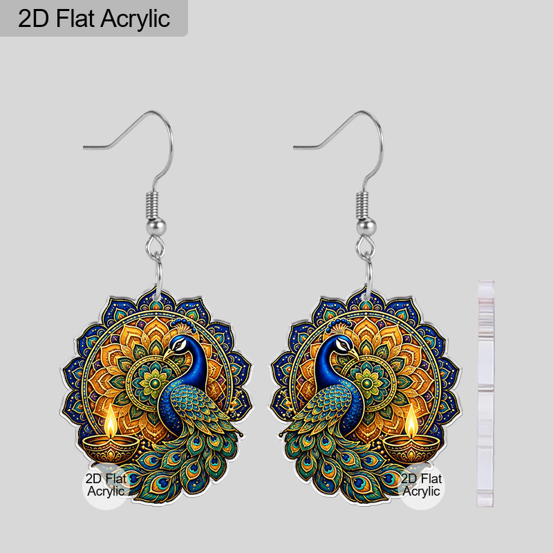 TEMU 2d Flat, Diwali Golden Mandala Peacock Acrylic Earrings, Diwali Celebration Jewelry For Women, Lightweight Pendant Earrings, Diwali , Parties,