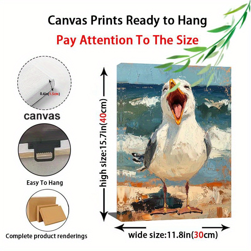 TEMU 2d Flat, 2d Flat, 1pc Vintage Coastal Beach Artwork Featuring A Seagull Out Above Ocean Waves In Shades Of Blue And White, This Framed Canvas Is