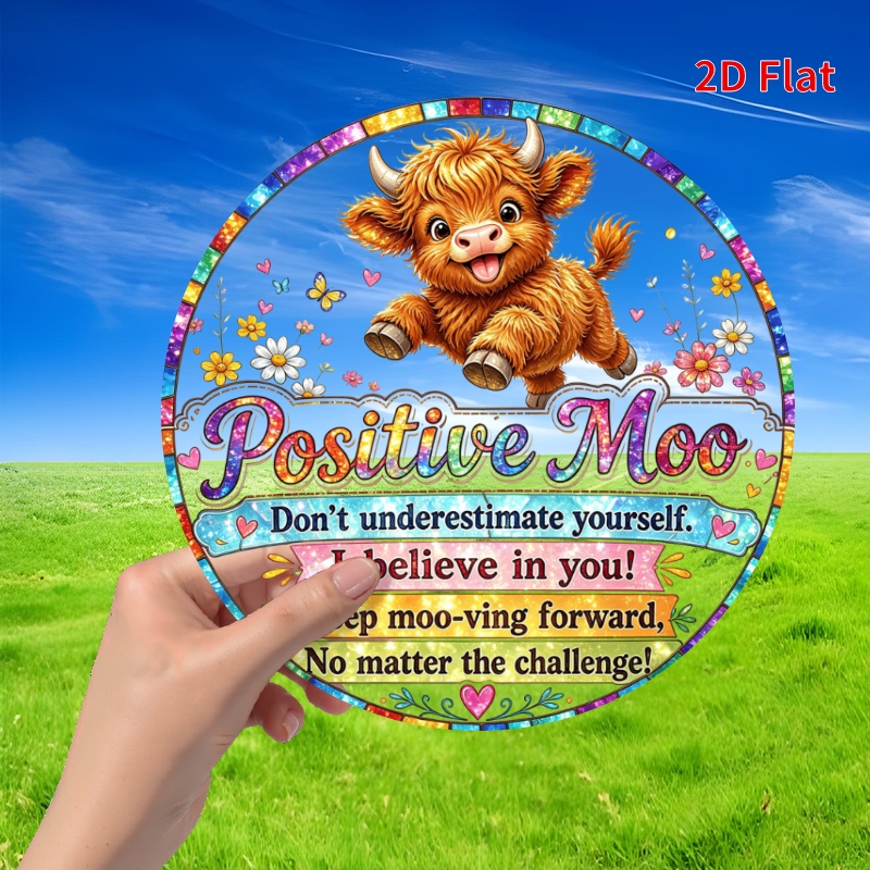 TEMU 2d Flat - (2d-plate) 1pc- Floral Highland Cow Design/suncatcher - 8'x8' Round Acrylic Decoration Hanging, Perfect For Home And Garden Decor,