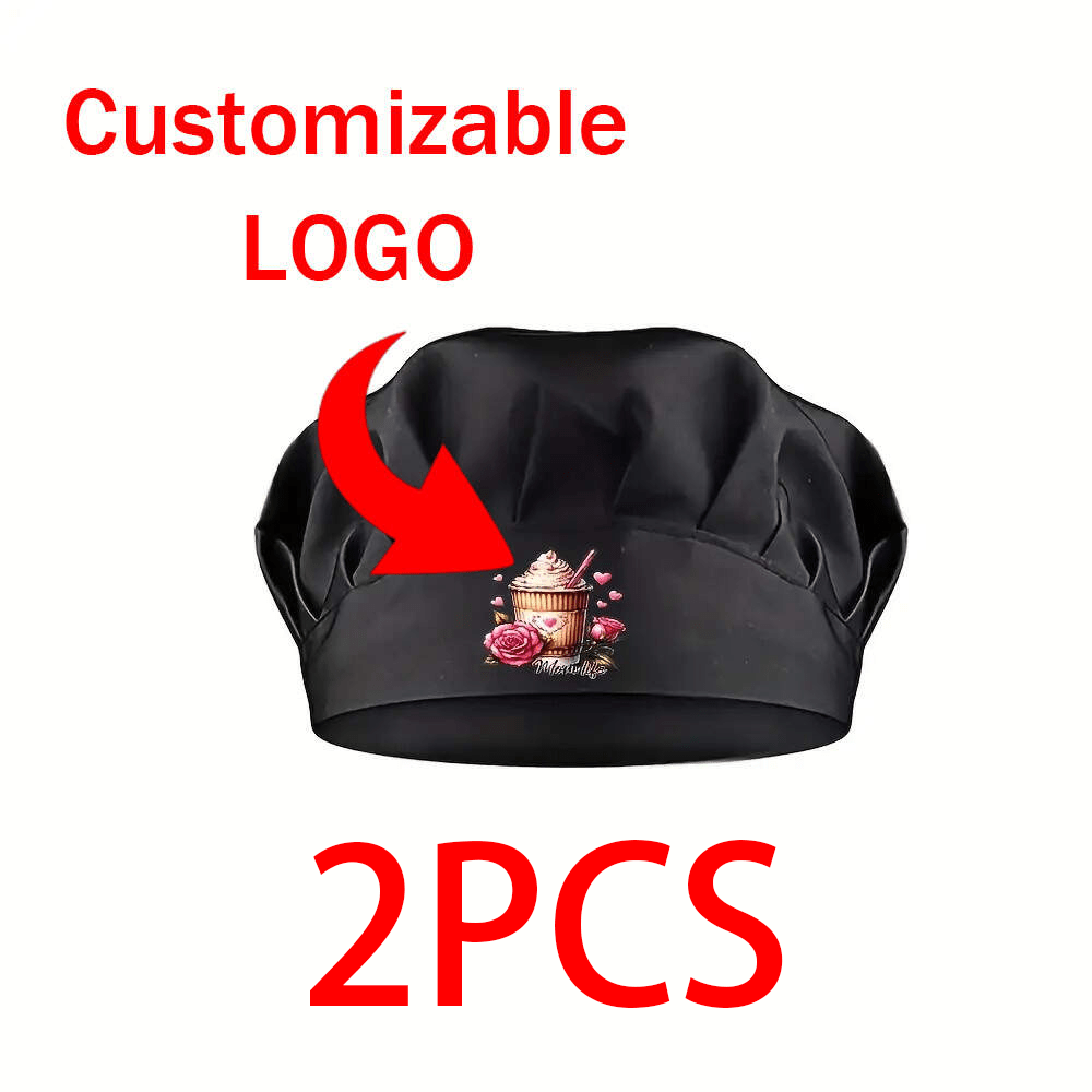 TEMU Customizable Pictures Or Logos, 2/4pcs Adjustable Elastic Chef Hat- Black, With Cupcake And Rose Patterns, Lightweight Polyester, Machine