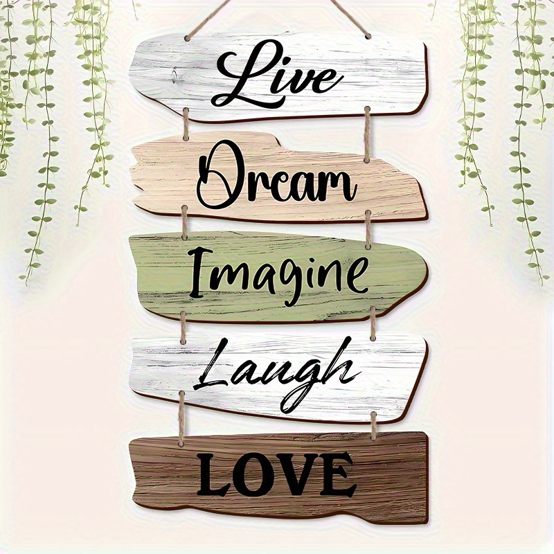 TEMU Plat 2D, Lot de 5 Plaques Murales Inspirantes Cadre en Bois avec Imprimé Bois 2D et Citations "Vie·Rêve··Ris·Aime" - Décoration Murale Suspendue