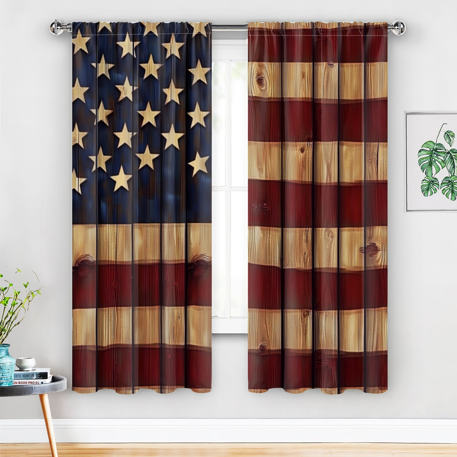 

2pcs Patriotic American Flag Room Darkening Curtains - & , Polyester Blackout Drapes For Bedroom & Living Room, Multiple Sizes , Bedroom Curtains|american |wood Grain Texture, Curtains For Bedroom