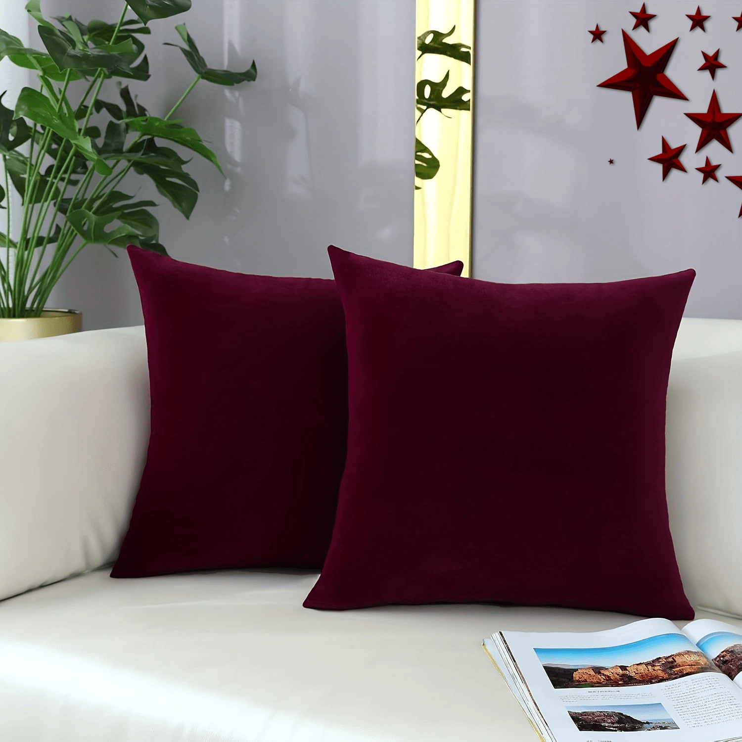 TEMU Light Luxury Burgundy Velvet Pillowcase 2pcs Set, Short Plush Double-sided Decorative Cushion Cover, Suitable For Living Room, Bedroom, Car,