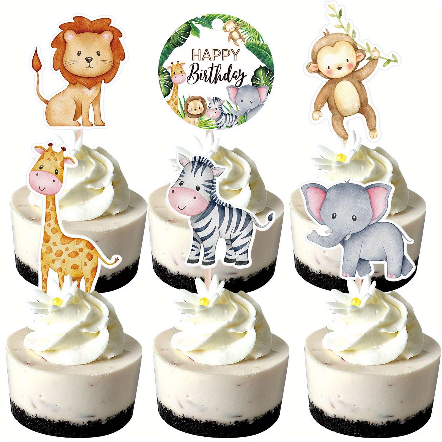 17PCS Safari Animal Cake Topper Set - Lion, Giraffe, Elephant For Jungle Themed Birthday Cakes