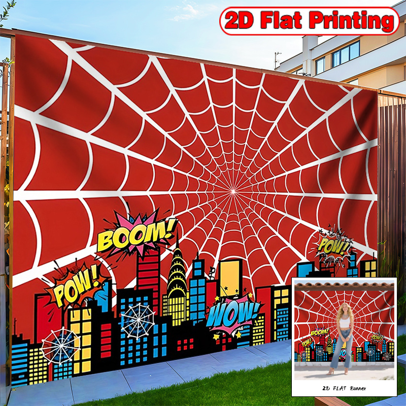 TEMU 1pc Vibrant Superhero Birthday Party Banner With Spiderweb And Comic Cityscape Design, Bedroom, Office, Photo Booth, Themed Parties, Decorative