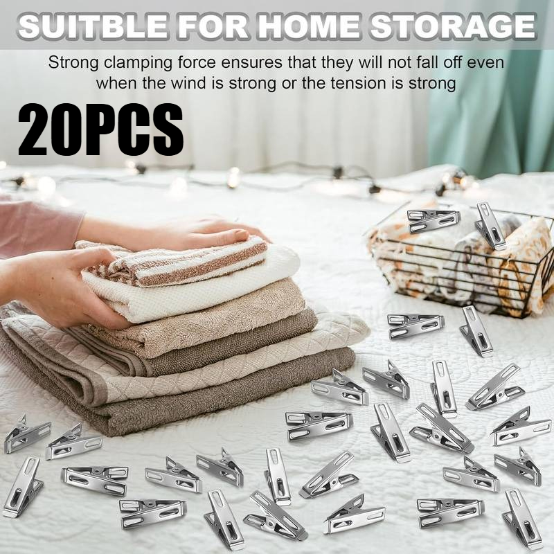 TEMU 20pcs Heavy-duty Stainless Steel Laundry Clips, Windproof Clothes Pins, Rust-resistant For Outdoor Drying, Ideal For Hanging Clothes, Towels,