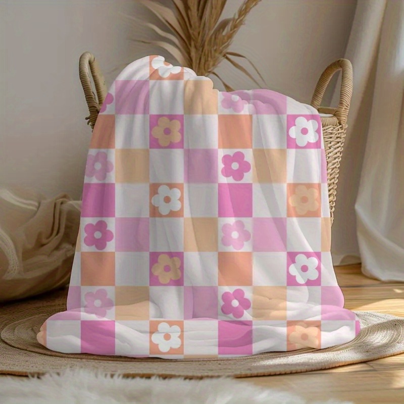 TEMU Custom Name Blanket - Personalized Pink Checkered Floral Throw With Pastel Colors, Soft Flannel Fabric, Machine Washable Gift For Birthdays,