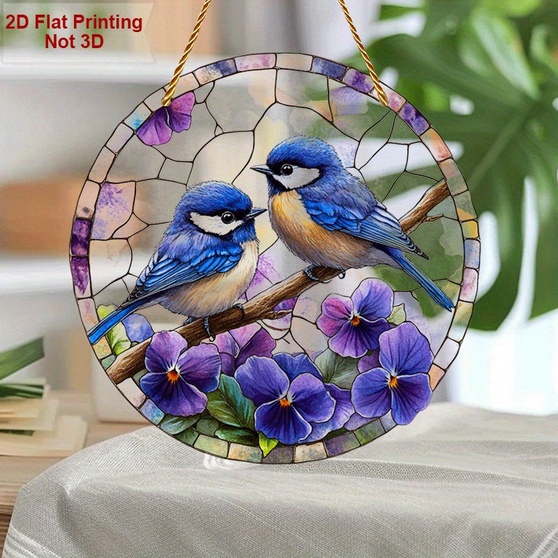 TEMU 2d Flat Blue Bird Wall Art - Acrylic Painted Style Window Decoration With Vibrant Purple Flowers, No Electricity Needed, Suitable For Home,