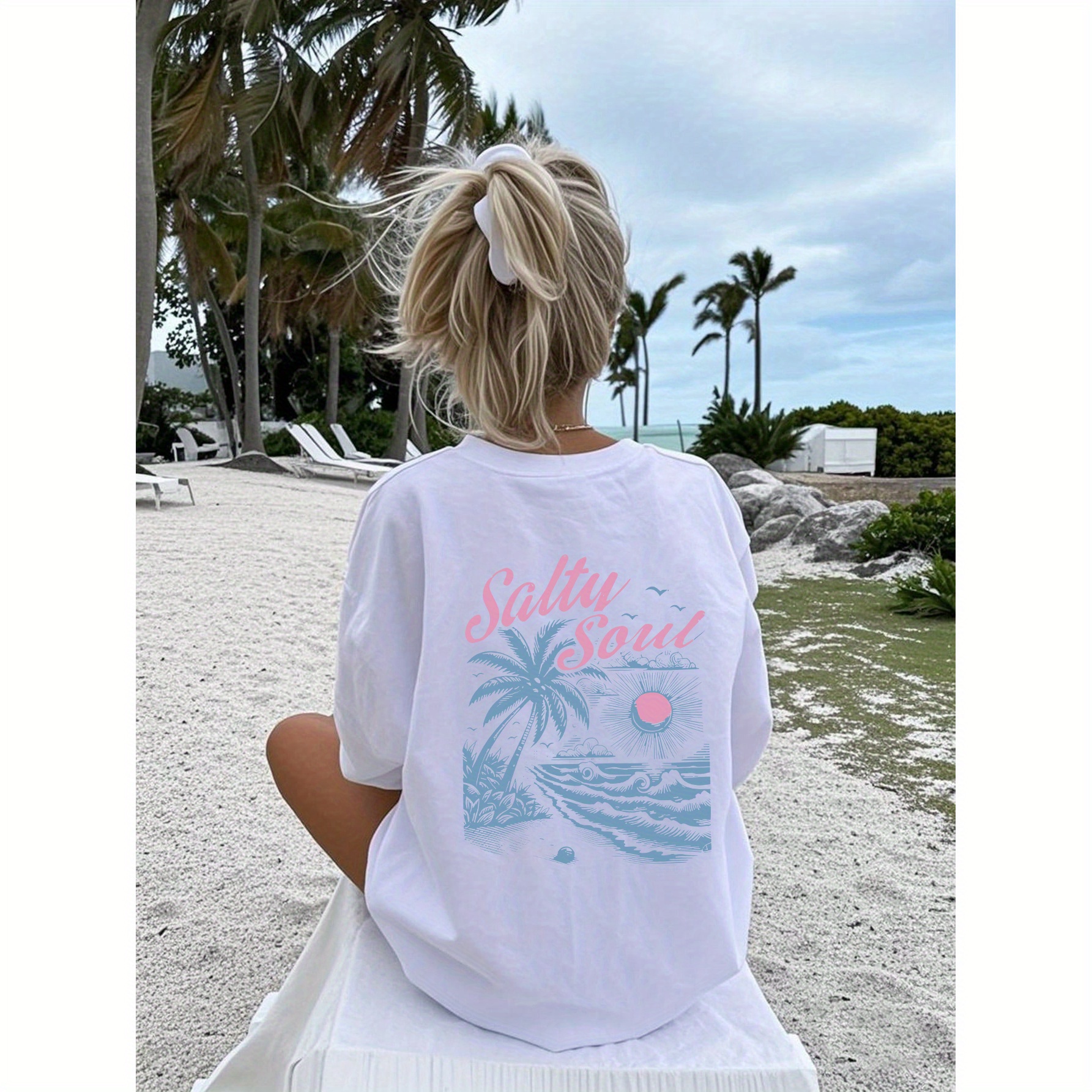 Trendy New Print Design - 'Slogan - Salty Soul - Beautiful Blue Beach', a Single Piece Short-Sleeve T-Shirt for Girls And Teens, Part of The Tween Girls Collection, Providing Comfort for Kids.