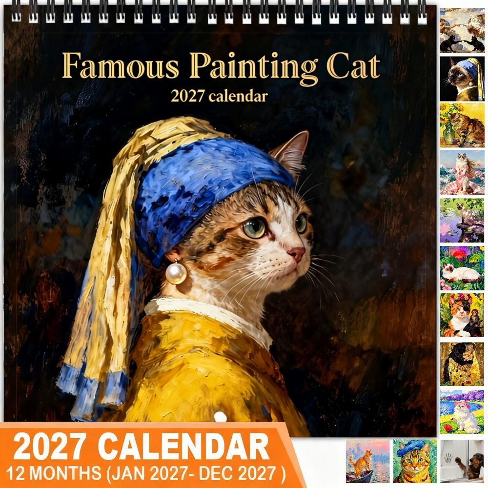 TEMU "(Papier Revêtu Épaissi de Décembre, Impression de Surface Spirale) Plan d'Impression de Design de Calendrier d'Art de Chat de Peinture Réputée