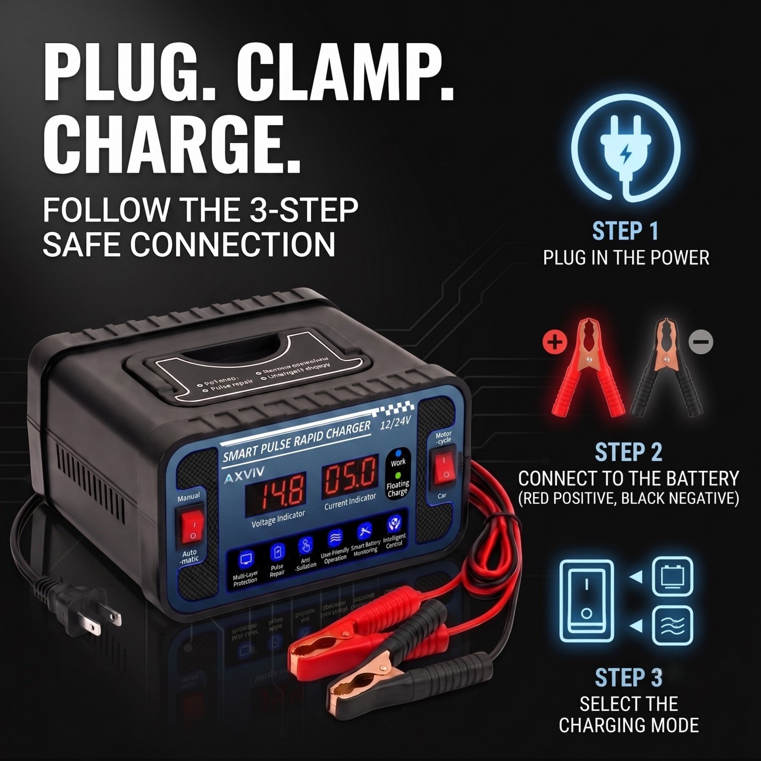 axviv 12v 24  battery charger and  er 3 in 1   repair   lcd display for car truck suv rv motorcycle lawn mower boat lead acid battery battery not included