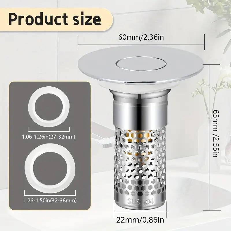 TEMU Bathroom Sink Stopper Hair Catcher, Pop-up Sink Drain Filter With Removable Stainless Steel Filter Basket Hair Catcher, Bathroom Sink Filter For