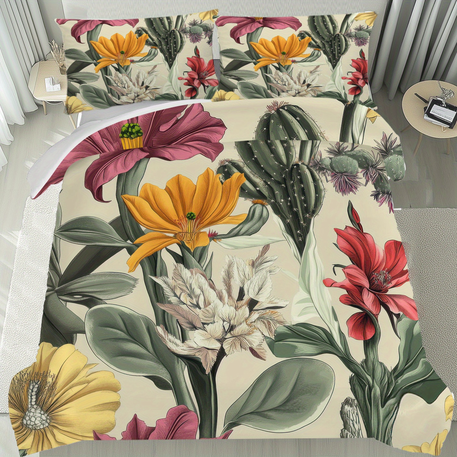 Set mit 2 oder 3 Teilen mit einem luxurisen Bettbezug mit Kaktus- und  Blumendesign (enthlt 1 Bettbezug und 1 oder 2 Kissenbezge), entworfen im  Vintage-*-Illustrationsstil * fr Bettwsche im ...