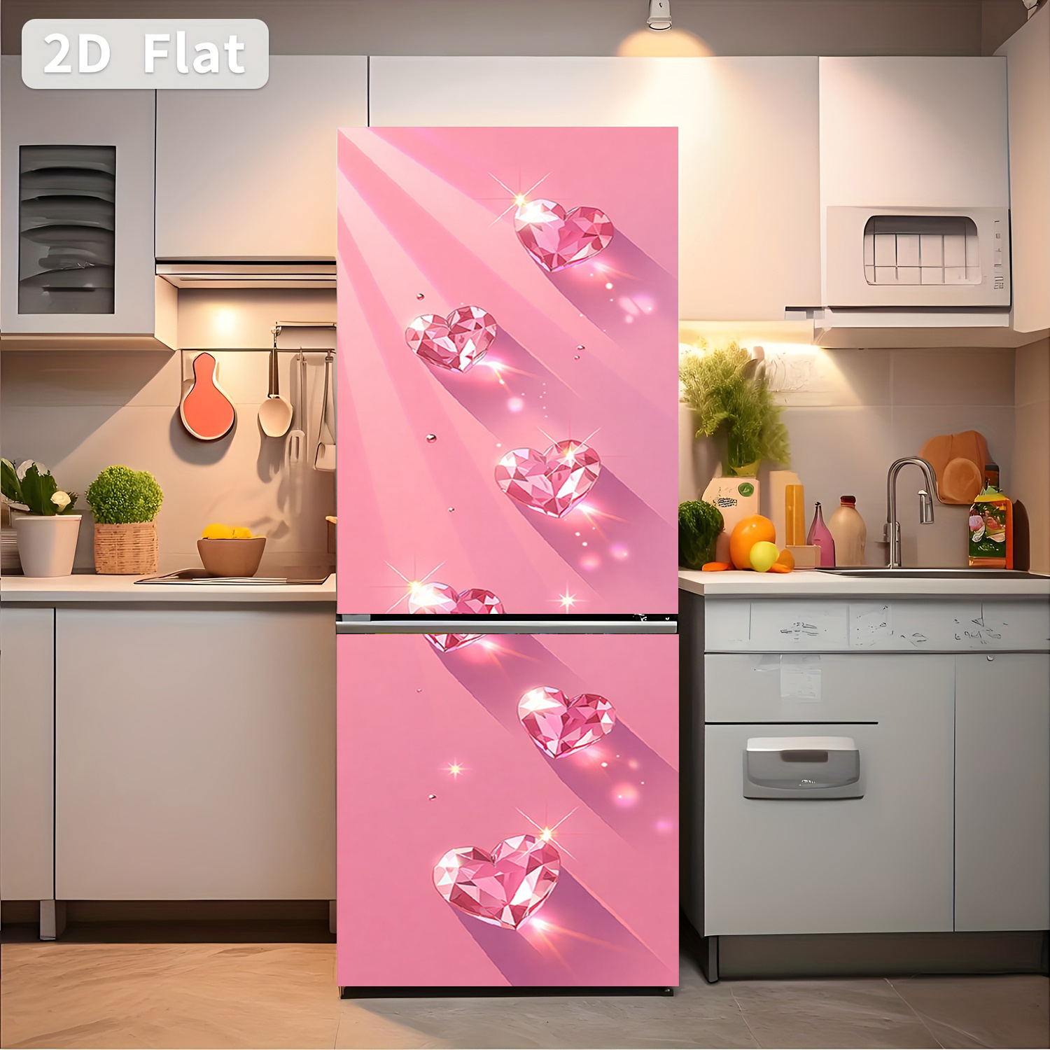 1 unidad de adhesivo para refrigerador con impresión plana 2D, que mide 60×180 cm, con un diseño temático de diamante con corazón rosa. Es una decoración de pared autoadhesiva adecuada para armarios y vestidores, perfecta para la decoración de cocinas modernas