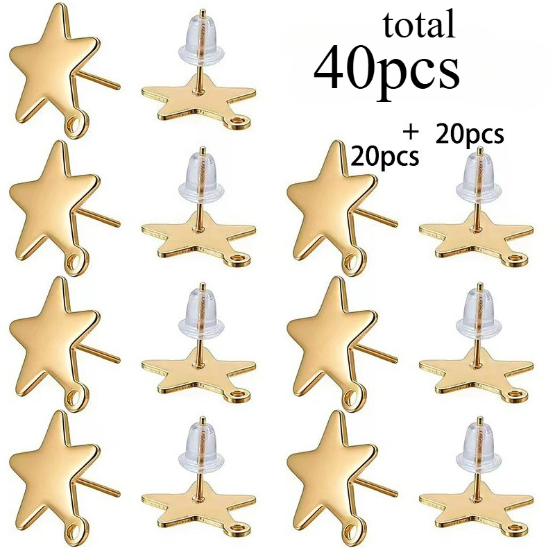 TEMU 40pcs [20pcs Studs And 20pcs Ear Posts] Color-retaining Stainless Steel Vacuum Pierced Studs, Pentagram Studs For Handmade Pierced Earring Ear