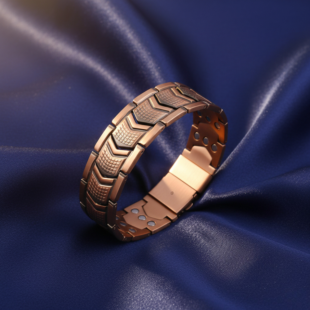 E-shop Herren-Magnetarmband in Schwarz & Goldkupfer, robustes geometrisches Rauten-Textur-Design, ausgestattet mit hochwertiger Faltschließe für