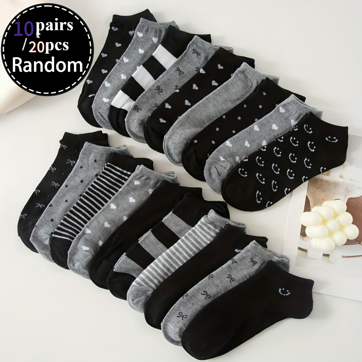 TEMU 10 Pairs Random Color Women's Fashionable Low-top Spring And Summer Socks, Striped Heart Dot Pattern Casual Sports Socks In Black And Gray, Easy
