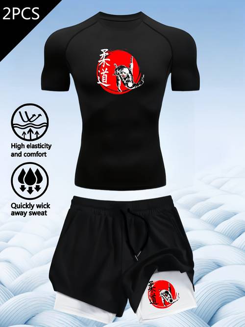 juego de 2 piezas de kimono de judo de compresión de rápido para hombre - pantalones cortos de total antideslizantes, kimono de entrenamiento de brasileño elasticidad con estampado de de , equipo de marciales ajustado al cuerpo para
