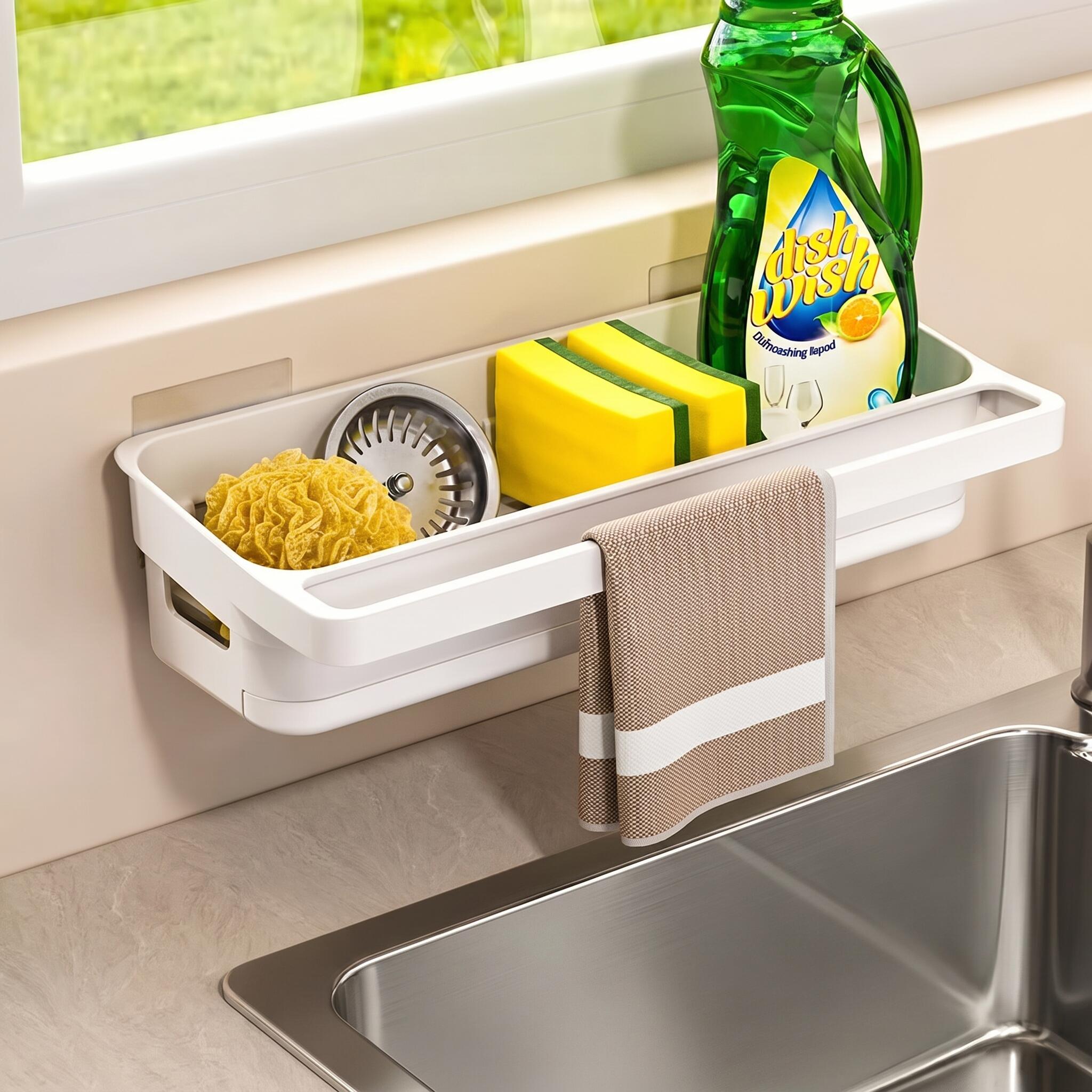 TEMU Kitchen Sink Caddy Sponge Holder With Removable Drip Tray, Faucet Storage Rack For Spray Bottle, Dish Soap, Scrub Brush, Waterproof Countertop