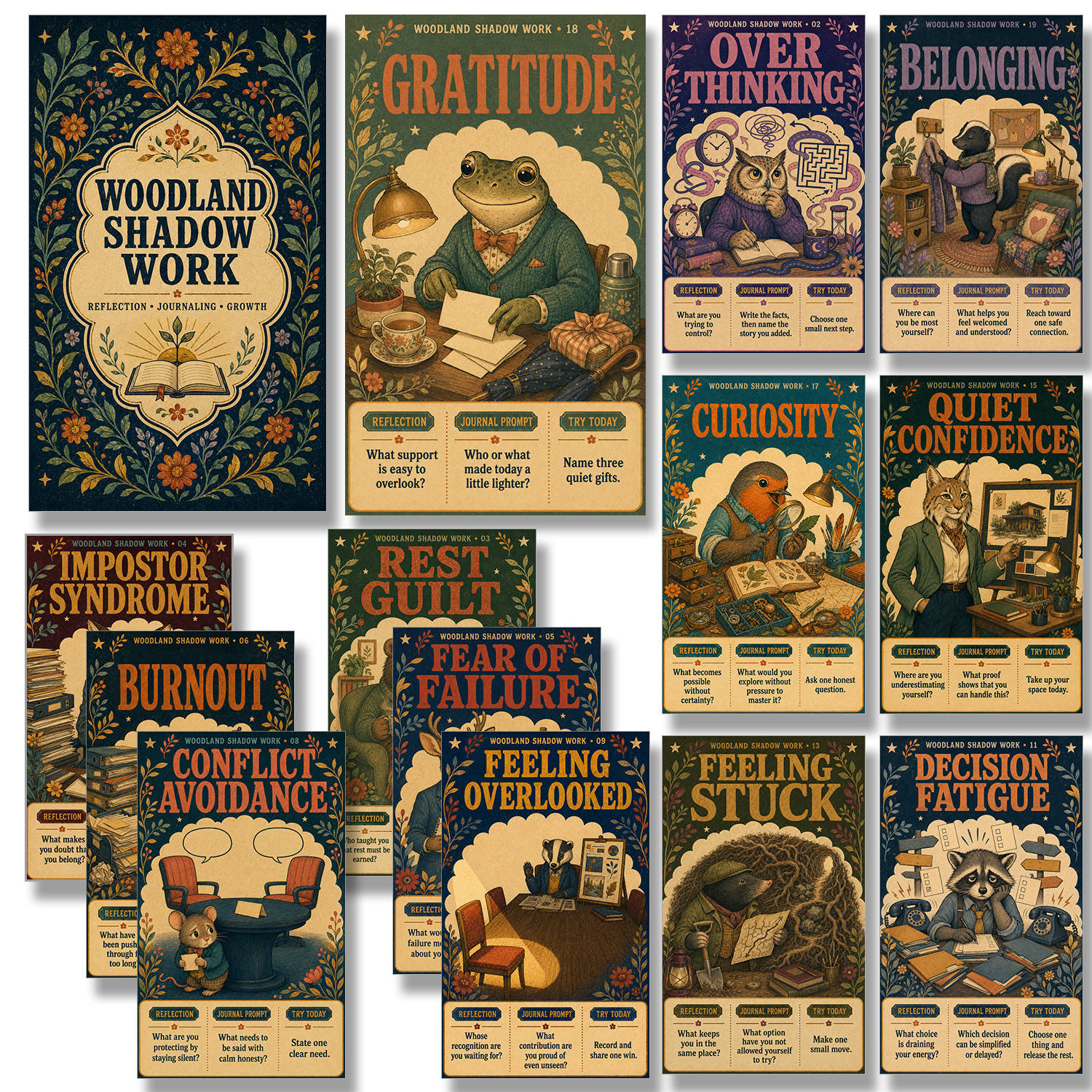 TEMU Lot de 20 cartes de travail Ombre pour -être émotionnel, jeu de cartes vintage d'animaux avec questions de et actions quotidiennes, pistes de