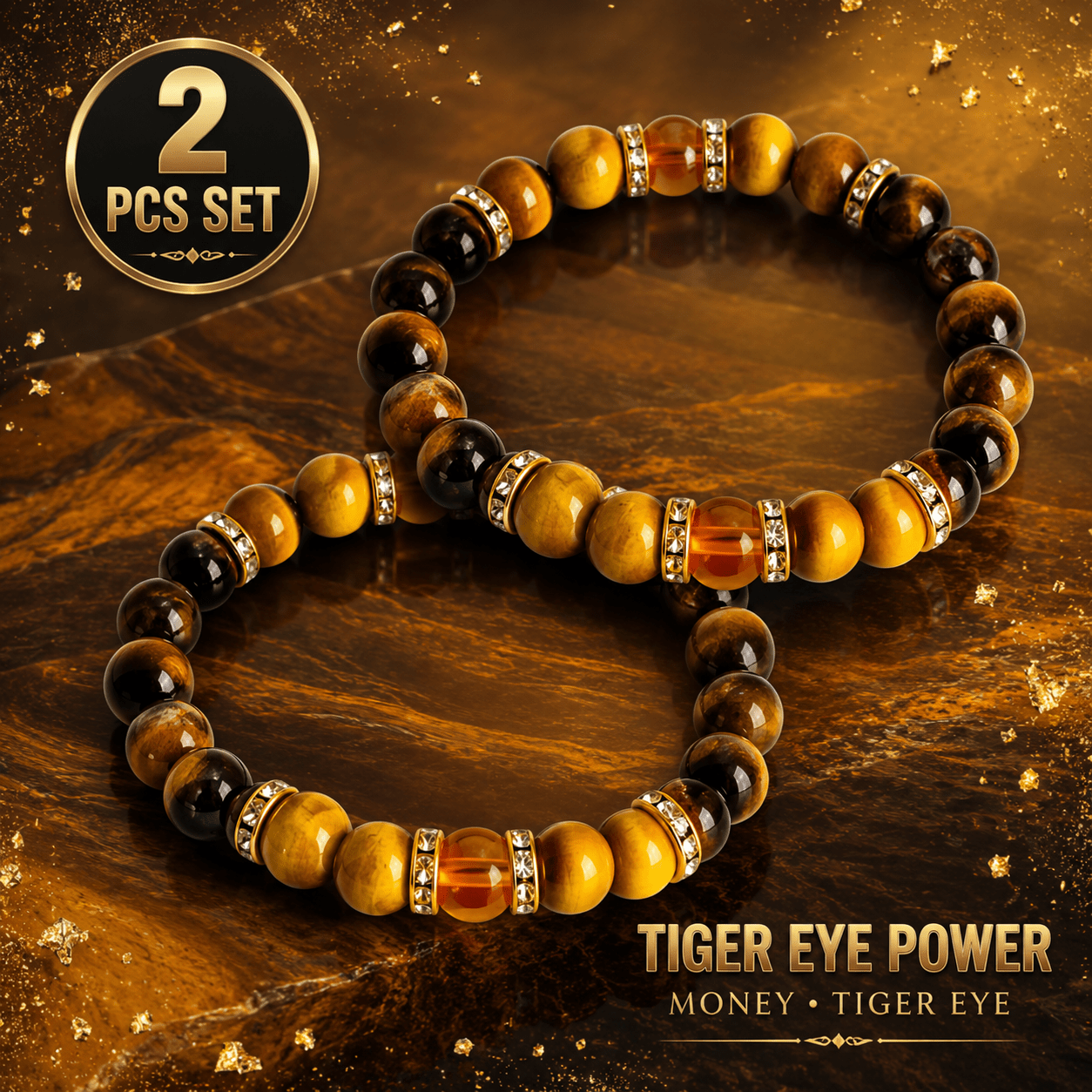 TEMU 2pcs Vintage Eye Stone Men's Bracelet: Eye Stone Textured Round Bead Design, Spliced With -inlaid Metal Spacer Rings And An Amber-textured Main