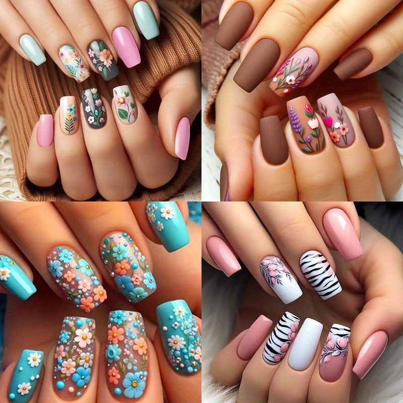 TEMU 96pcs (4pcs)on , Press With A Medium-sized Square Fake Nail, Press With Colorful Flowers, Apply Glossy Glue On , And Fully Cover The Acrylic Fake Nail, Suitable For Women