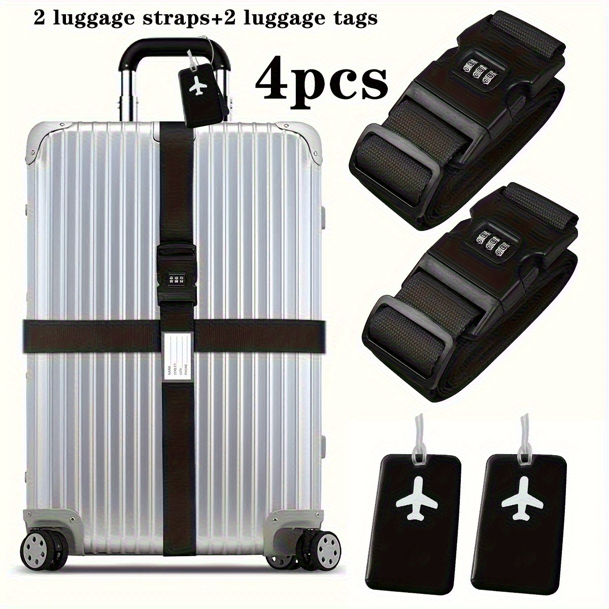 E-shop 4er-Set Gepäckgurte mit Etiketten, 2er-Set Kofferriemen mit Zahlenschloss, 2er-Set Gepäckanhänger, Reise- und Packzubehör-Set. Ausgestattet mit