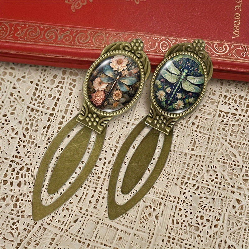 Image of 2pcs Floral Dragonfly Oval Bookmark Set, Handmade Vintage Bookmark Stationery, Book Accessories, Reading Markers For Students, Teachers, Writers, Readers, Gift
