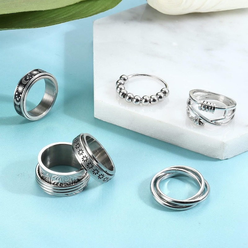 6pcs stainless steel spinner ring anti anxiety fidget rings for women men cool stress relieving spinning moon star rings to match   outfits Product details 2