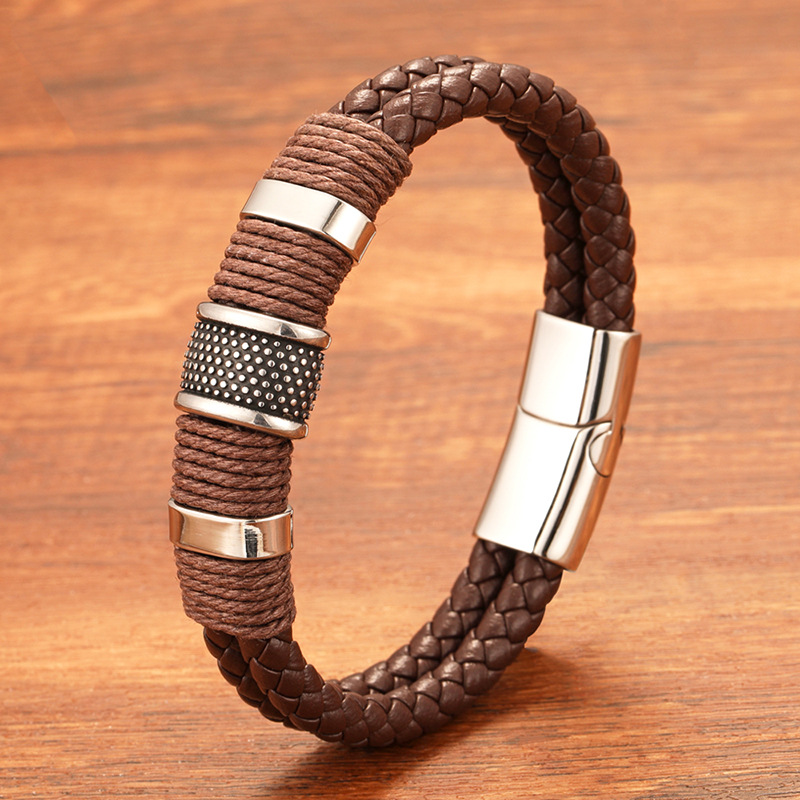 TEMU Unique 1pc Multilayer Men's Bracelet In Stylish Brown Pu, Perfect Gift For