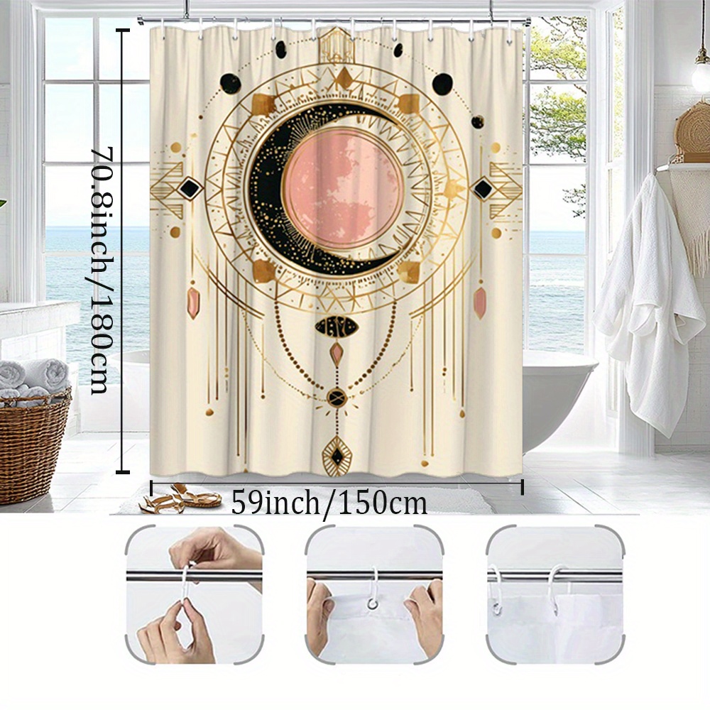 TEMU 1pc Pink Crescent Geometric Celestial Curtain Mystical Astrology Bathroom Decoration Home Decor For Bathtub Curtain