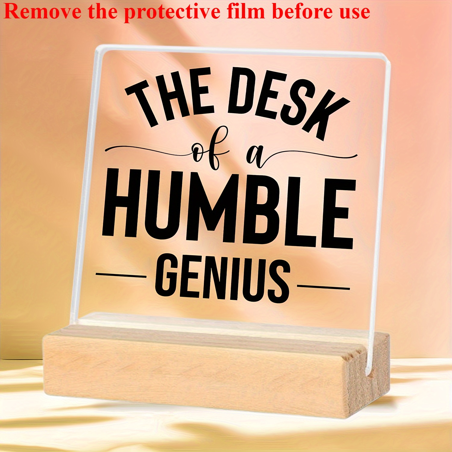 TEMU 2d Flat Printing, A Minimalist Square 'a 's Desk', Featuring Humorous Office Phrases, Comes With A Wooden Base, Requires No Power, Perfect As A