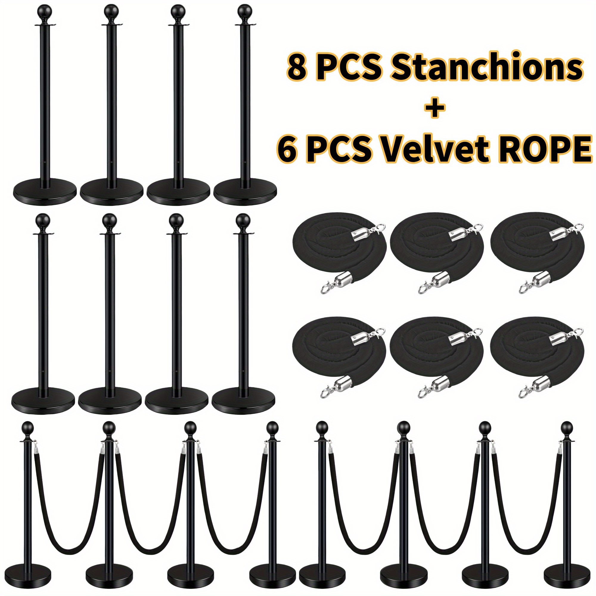 Image of 8pcs Posts And 6pcs Velvet Ropes, 5ft Black , Post With Ball Top, Barriers Black Stanchions, Red Carpet Poles, Ropes And Poles For Party Supplies (black)